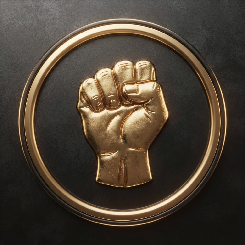 The BLACK coin, a matte black coin with a gold raised fist